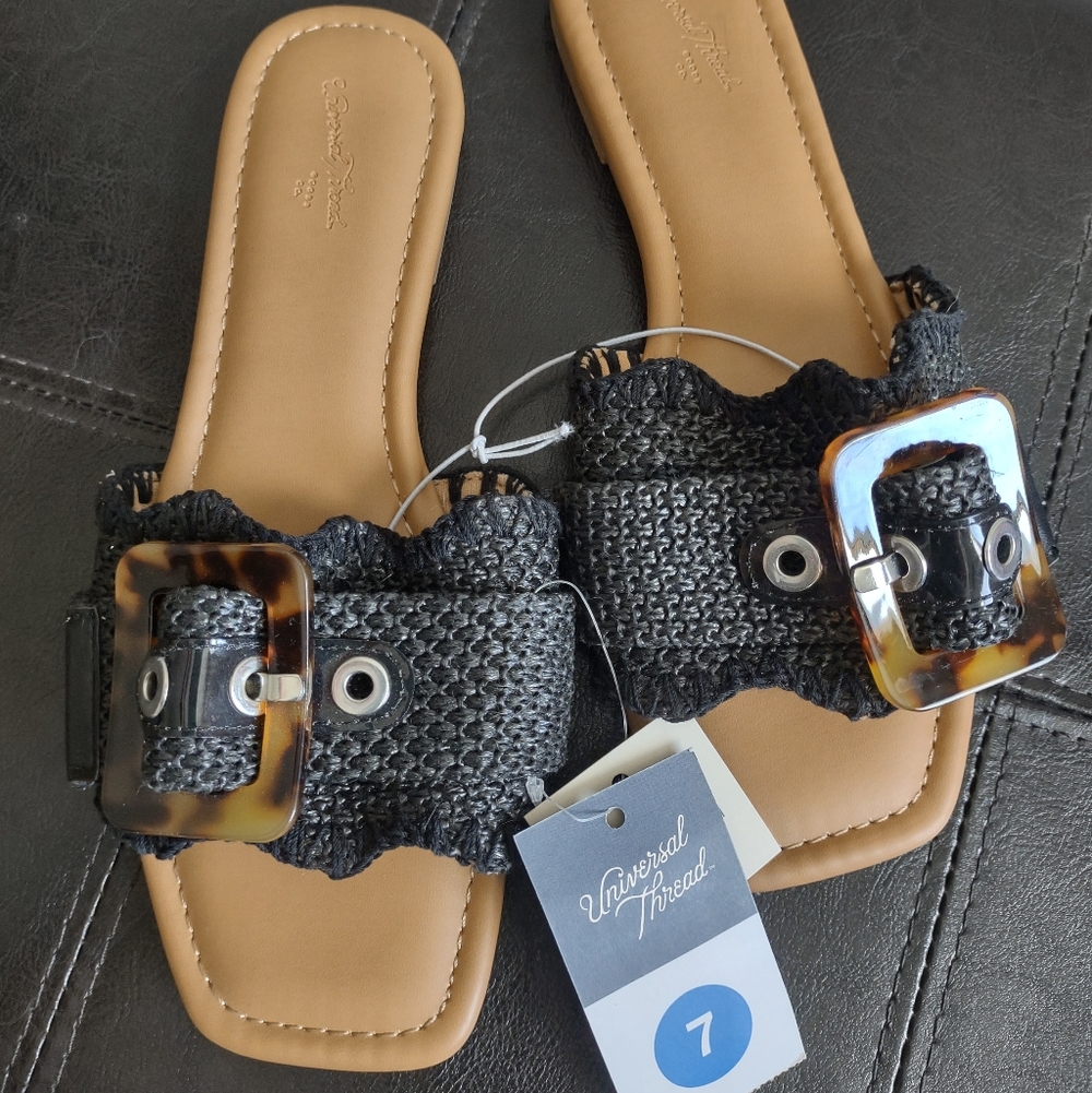 Universal Thread Chrissy Slides - Black Woven Strap & Tortoise Buckle - 7 - Picture 2 of 9
